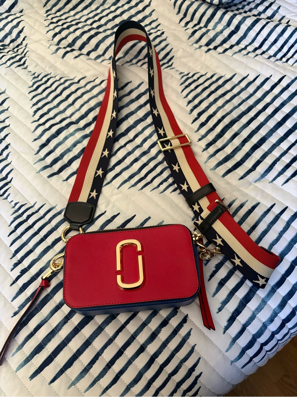 Marc Jacobs Red and Navy Snapshot Camera Bag with Star-Striped Strap